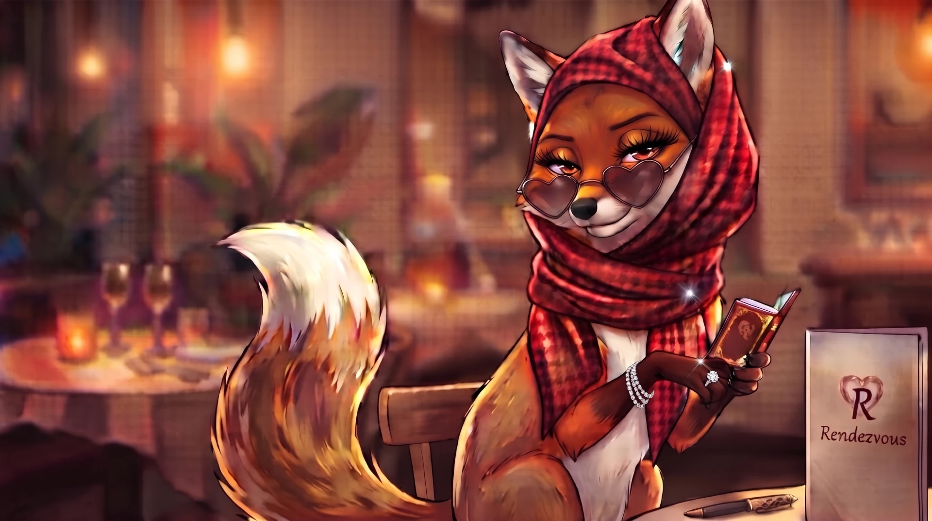 Rue the fox in a houndstooth scarf at a candlelit table